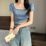 GORUNRUN-Ins Style Street Fashion Round Neck Striped Colorblock Casual Retro Short Sleeve Cropped Top