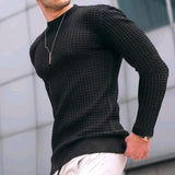 mens outfits Autumn Small Plaid Men's Trendy round Neck Pullover Trendy Loose Knitted Long Sleeve Cotton T Top Men