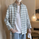 guys fashion casual Plaid Shirt Men's Long-Sleeved Trendy All-Match Top Casual Loose Hong Kong Style Trendy Handsome Shirt Summer Coat