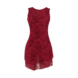 homecoming dresses Rose Printed Mesh Vest Dress Women's Ins Style New Sexy Backless Slim Skirt