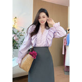 GORUNRUN- Spring and summer high waist slit hip-wrapped temperament medium and long slim skirt female V-neck pink and purple loose shirt suit