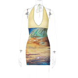 GORUNRUN-  spring new sexy printed splicing woolen deep V halter neck hip dress female agency