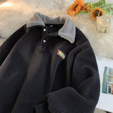 fall fits men Corduroy Polo Collar Sweater Men's Autumn and Winter Fleece-lined Thickened Lamb Wool Coat Couple's Winter Hong Kong Style Green