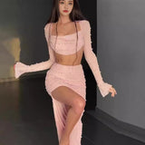 birthday outfit  Knitted Beaded Square Collar Long-Sleeved Top Skirt Suit Spring Women's Sexy Navel Skirt for Women