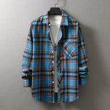 frat boy outfits New Men's Plaid Long-Sleeved Shirt Fashionable Brushed Loose Lapel Yarn-Dyed Shirt Men