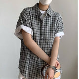 boy outfits Japanese Style Retro Plaid Short Sleeve Shirt Men's and Women's Hong Kong Style Street BF Lazy Style Youth Half Sleeve Shirt