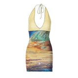 GORUNRUN-  spring new sexy printed splicing woolen deep V halter neck hip dress female agency