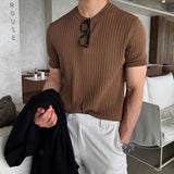 boy outfits Summer New Men's Knitted Top Korean-Style High-End All-Match T-shirt Short Sleeve Retro round Neck American Bottoming Shirt Fashion