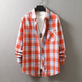 frat boy outfits New Men's Plaid Long-Sleeved Shirt Fashionable Brushed Loose Lapel Yarn-Dyed Shirt Men