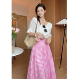 GORUNRUN-Pink plaid skirt for women Korean style high waist slim temperament medium and long summer pleated big swing skirt two-piece suit trendy