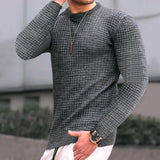 mens outfits Autumn Small Plaid Men's Trendy round Neck Pullover Trendy Loose Knitted Long Sleeve Cotton T Top Men