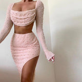 birthday outfit  Knitted Beaded Square Collar Long-Sleeved Top Skirt Suit Spring Women's Sexy Navel Skirt for Women