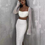 birthday outfit  Knitted Beaded Square Collar Long-Sleeved Top Skirt Suit Spring Women's Sexy Navel Skirt for Women