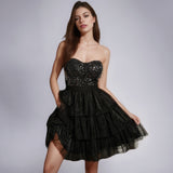 homecoming dresses Black Tube Top Sleeveless Sequined High Waist Mesh Cocktail Dress Party Dress Mid Skirt Dress