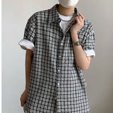 boy outfits Japanese Style Retro Plaid Short Sleeve Shirt Men's and Women's Hong Kong Style Street BF Lazy Style Youth Half Sleeve Shirt