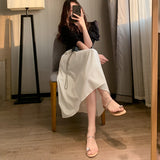 GORUNRUN-White pleated skirt for women spring and summer new Korean style high waist crotch cover solid color all-match medium and long A-line skirt