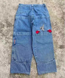 90s streetwear Y2g Hip Hop Full Embroidery Jeans High Street Skateboard Teenager Loose Straight Wide Leg Trousers