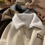 fall fits men Corduroy Polo Collar Sweater Men's Autumn and Winter Fleece-lined Thickened Lamb Wool Coat Couple's Winter Hong Kong Style Green