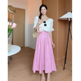 GORUNRUN-Pink plaid skirt for women Korean style high waist slim temperament medium and long summer pleated big swing skirt two-piece suit trendy