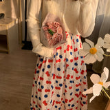 GORUNRUN-Cherry floral skirt for women spring and summer new Korean style hip-covering temperament high waist medium-length A-line skirt trend