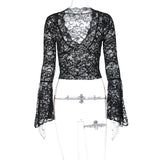 GORUNRUN-  ins style hot-selling sexy deep V slim fit versatile short navel-exposed lace long-sleeved hot girl style lace top