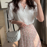 GORUNRUN- White lace v-neck shirt women spring and summer new Korean version loose slim all-match hollow top short sleeve trend