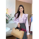 GORUNRUN- Spring and summer high waist slit hip-wrapped temperament medium and long slim skirt female V-neck pink and purple loose shirt suit