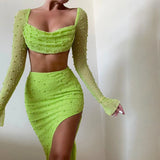 birthday outfit  Knitted Beaded Square Collar Long-Sleeved Top Skirt Suit Spring Women's Sexy Navel Skirt for Women