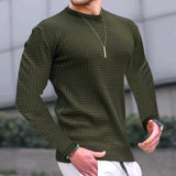 mens outfits Autumn Small Plaid Men's Trendy round Neck Pullover Trendy Loose Knitted Long Sleeve Cotton T Top Men