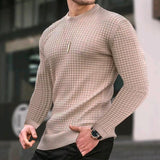 mens outfits Autumn Small Plaid Men's Trendy round Neck Pullover Trendy Loose Knitted Long Sleeve Cotton T Top Men