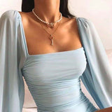 homecoming dresses Women's Blue Tan Collar Lantern Sleeve Long Sleeve Sheath Sexy Dress