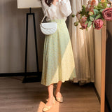 GORUNRUN- Light yellow floral skirt for women spring and summer new Korean style high waist long skirt with long skirt A-line umbrella skirt