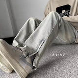 frat boy outfits Niche Zipper Split Jeans Men's Spring American Retro Loose Straight Mop High Street Pants