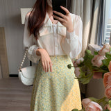 GORUNRUN- Light yellow floral skirt for women spring and summer new Korean style high waist long skirt with long skirt A-line umbrella skirt