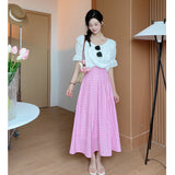 GORUNRUN-Pink plaid skirt for women Korean style high waist slim temperament medium and long summer pleated big swing skirt two-piece suit trendy