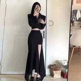 GORUNRUN-Irregular Split Midi Skirts Women Y2K Sexy Slit A Line Skirt Streetwear Korean Black High Waist Slim Trumpet Mermaid Skirt New