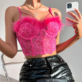 GORUNRUN-Women Bodice Feather Corset Tops Lace Sleeveless Tank Top Summer Sexy Slim Halter Cropped Bustier Vest French Lingerie Camisole