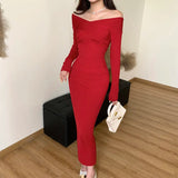 Gorunrun-hirigin Elegant Women Fall Casual Off Shoulder Bodycon Sweater Dress Long Sleeve Slim Fit Knitted Long Pullover Pencil Dress