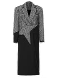 Gorunrun- Women Gray Color-block Tassels Big Size Long Blazer New Lapel Long Sleeve Jacket Fashion Tide Spring Autumn