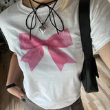 GORUNRUN-Y2K Aesthetic 00s Retro Cropped Tops Bowknot Print T-shirt Preppy Cute Short Sleeve O Neck Baby Tees Chic Fashion Streetwear