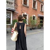 GORUNRUN-Cotton Linen Midi Dress Women Vacation Hollow Out Sundress Elegant Black Sleeveless One Pieces Dresses Summer Korean Vestidos