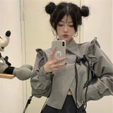 GORUNRUN-New Chinese Style Ruffles Turn Down Collar Irrgular Gray Jackets Long Sleeve Sweet Women Outerwear Y2k Short Coats Crop Tops