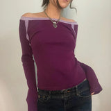 GORUNRUN-Chic Women Fairycore Grunge Aesthetic Tees Indie Cute 00s Vintage Purple T Shirt Y2K Knit Ribbed Long Sleeve Tops Korean Fashion