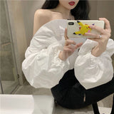 GORUNRUN-Sexy Slash Neck Shirts Women Elegant White Ruffles Puff Long Sleeve Blouses Office Ladies Korean Fashion Black Slim Crop Tops