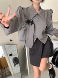 GORUNRUN-New Chinese Style Ruffles Turn Down Collar Irrgular Gray Jackets Long Sleeve Sweet Women Outerwear Y2k Short Coats Crop Tops