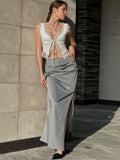 GORUNRUN High Waist Slim Pleated Long Skirt Elegant Women Side Split High Street Ladies Maxi Skirt Slim Summer Female Long Skirt