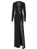 GORUNRUN Black V-Neck Hollow Out Maxi Dress Women's Sexy Slim High Split Long Sleeve Party Dress Fashion See-Through Long Dress New