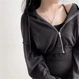 Gorunrun-hoco dresses -hoco dresses -Y2K Black 2 Piece Set Women Sexy Spaghetti Strap Slim Mini Dress Zipper Hoodie Cropped Sweatshirt Cardigan Suit Outwear Coat