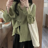 GORUNRUN-Harajuku Women Blouses Korean Oversized Solid Pleated Shirts Vintage White Green Basic Long Sleeve Casual Sunscreen Cardigan Top