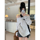 GORUNRUN-Y2K Slash Neck Sweater Women Halter Patchwork Knitted Pullovers Streetwear Korean Off Shoulder Knitwear Elegant Casual Jumpers